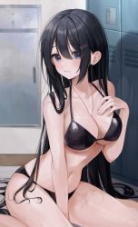 1girl absurdres bare_arms bare_shoulders between_breasts between_legs bikini black_bikini black_hair breasts cleavage closed_mouth collarbone earrings hair_ornament hairclip halterneck hand_on_own_chest hand_up highres jewelry large_breasts long_hair looking_at_viewer mole mole_on_breast myowa navel necklace original purple_eyes sidelocks sitting solo stomach string_bikini stud_earrings swimsuit thighs very_long_hair wariza wet