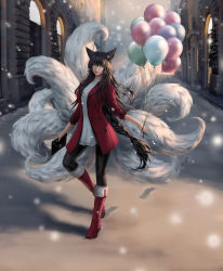Rule 34 | 1girl, ahri (league of legends), animal ears, balloon, black hair, black legwear, blue eyes, boots, braid, building, casual, christmas, chuby mi, coat, facial mark, footprints, fox ears, fox tail, hair between eyes, highres, holding, holding balloon, league of legends, lips, long hair, looking at viewer, multiple tails, open clothes, open coat, outdoors, pants, red coat, red footwear, slit pupils, smile, snowing, solo, standing, tail, very long hair, whisker markings