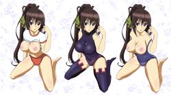 Rule 34 | 10s, 1girl, alternate costume, black hair, blue eyes, blush, breasts, buruma, chan momi, cleavage, clothes lift, flower, gym uniform, hair ribbon, highres, infinite stratos, large breasts, leotard, long hair, looking at viewer, nipples, no bra, one-piece swimsuit, open mouth, pilot suit, ponytail, ribbon, rose, school swimsuit, shinonono houki, shirt lift, simple background, sitting, sweat, swimsuit, thighhighs, underwear