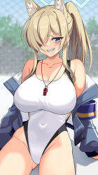 1girl animal_ear_fluff animal_ears blonde_hair blue_archive blue_eyes blue_halo blue_jacket breasts chain-link_fence competition_swimsuit covered_navel cowboy_shot dog_ears dog_girl extra_ears fence grin hair_over_one_eye halo highleg highleg_one-piece_swimsuit highres jacket jacket_partially_removed kanna_(blue_archive) kanna_(swimsuit)_(blue_archive) large_breasts long_hair looking_at_viewer mzrz notched_ear official_alternate_costume one-piece_swimsuit ponytail purple_armband sharp_teeth smile solo swimsuit teeth whistle whistle_around_neck white_one-piece_swimsuit