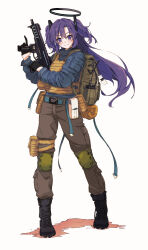 Rule 34 | 1girl, alternate costume, backpack, bag, black gloves, blue archive, blush, boots, commentary request, full body, gloves, gun, half gloves, halo, highres, holding, holding gun, holding weapon, knee pads, long hair, looking at viewer, military operator, purple eyes, purple hair, radio, sakenomi akane, sig mpx, simple background, smile, solo, submachine gun, two side up, weapon, white background, yuuka (blue archive)