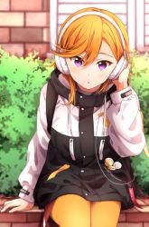 Rule 34 | 1girl, :o, brick wall, bush, commentary request, headset, highres, jacket, listening to music, long hair, long sleeves, looking at viewer, love live!, love live! superstar!!, oda (101511a), orange hair, orange pantyhose, pantyhose, purple eyes, shibuya kanon, sitting, solo, window