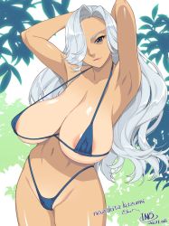 Rule 34 | 1girl, areola slip, armpits, arms behind head, arms up, bikini, blue bikini, blue eyes, breasts, collarbone, commentary request, commission, cowboy shot, dated, hair over one eye, highleg, highleg bikini, huge breasts, ino (magloid), lips, long hair, micro bikini, navel, original, parted lips, signature, skeb commission, solo, standing, stomach, strap gap, swimsuit, tan, thighs, very long hair, white hair