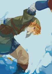 Rule 34 | 1boy, blonde hair, blue eyes, chuchu (zelda), earrings, fighting stance, fingerless gloves, gloves, green headwear, green tunic, grey pants, highres, jewelry, link, looking back, male focus, nintendo, pants, parted lips, pisu 1107, pointy ears, pouch, shirt, shoulder strap, slime (creature), sweat, the legend of zelda, the legend of zelda: skyward sword, thigh pouch, water, white shirt, yellow eyes