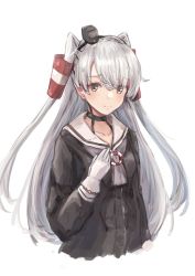 Rule 34 | 1girl, amatsukaze (kancolle), aruka, black dress, blush, brown eyes, closed mouth, dress, gloves, grey hair, hair tubes, highres, kantai collection, long hair, long sleeves, sailor collar, sailor dress, simple background, solo, two side up, white background, white gloves, white sailor collar, windsock