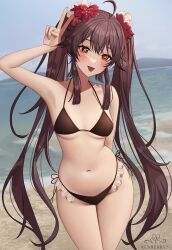Rule 34 | 1girl, :p, absurdres, ahoge, arm behind back, arm up, beach, bikini, black bikini, blush, breasts, brown hair, cowboy shot, day, flower, flower-shaped pupils, frilled bikini, frills, genshin impact, hair flower, hair ornament, highres, hu tao (genshin impact), long hair, looking at viewer, navel, outdoors, red eyes, red flower, renberry, sky, small breasts, solo, stomach, swimsuit, symbol-shaped pupils, thighs, tongue, tongue out, twintails, v, very long hair