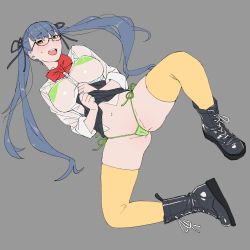 Rule 34 | 1girl, bikini, black ribbon, blue hair, blush, boots, bow, breasts, cameltoe, clothes lift, glasses, green bikini, highres, large breasts, lifting own clothes, long hair, onsen tamago (hs egg), open mouth, original, ribbon, school uniform, see-through, side-tie bikini bottom, skirt, skirt lift, spread legs, swimsuit, thighhighs, twintails