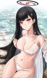 Rule 34 | 1girl, beach, black hair, blue archive, bra, breasts, cleavage, collarbone, embroidered bra, hair ornament, hairclip, halo, hamidasu, highres, large breasts, long hair, looking at viewer, navel, panties, parted lips, red eyes, rio (blue archive), shirt, sitting, solo, stomach, thighs, underwear, very long hair, wet, wet clothes, wet hair, wet shirt, white bra, white panties, white shirt