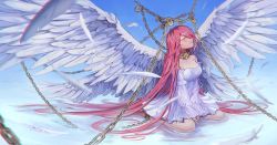 Rule 34 | 1girl, absurdly long hair, angel wings, bare shoulders, chain, chained, collar, cuffs, detached sleeves, dress, closed eyes, feathered wings, gweni, hair over one eye, highres, long hair, metal collar, original, pink hair, shackles, sitting, solo, strapless, strapless dress, very long hair, wariza, white dress, wings