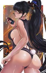 Rule 34 | 1girl, absurdres, amaterasu (amaterasumikami), animal hood, ass, black-framed eyewear, black hair, breasts, brown eyes, can, commentary, commission, drink can, earrings, english commentary, eve (stellar blade), fake tail, glasses, highres, holding, holding can, holiday rabbit (stellar blade), hood, hood down, jewelry, large breasts, long hair, looking at viewer, looking back, mole, mole on cheek, official alternate costume, paid reward available, ponytail, rabbit hood, rabbit tail, sideboob, signature, soda can, solo, stellar blade, tail, thighs, very long hair