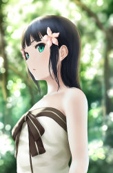Rule 34 | 10s, 1girl, bad id, bad pixiv id, bare shoulders, black bow, black hair, blunt bangs, blurry, blurry background, bokeh, bow, collarbone, dappled sunlight, day, depth of field, dress, flat chest, flower, forest, green eyes, hair flower, hair ornament, highres, hime cut, kurosawa dia, long hair, looking afar, love live!, love live! school idol festival, love live! sunshine!!, mole, mole under mouth, nature, outdoors, papi (papiron100), parted lips, sidelocks, strapless, strapless dress, sunlight, tareme, upper body, white dress