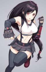 Rule 34 | 1girl, bare shoulders, black hair, black skirt, black thighhighs, breasts, clenched hand, crop top, detached sleeves, earrings, fighting stance, final fantasy, final fantasy vii, final fantasy vii remake, fingerless gloves, gloves, grey background, highres, jewelry, large breasts, leg up, long hair, looking at viewer, low-tied long hair, midriff, navel, open mouth, red eyes, red footwear, skirt, solo, square enix, suspender skirt, suspenders, tank top, thighhighs, tifa lockhart, white tank top, yagi2013, zettai ryouiki