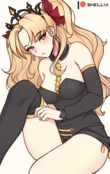 Rule 34 | 1girl, adjusting clothes, adjusting legwear, artist name, bad id, bad pixiv id, bare shoulders, black sleeves, black thighhighs, blonde hair, blush, breasts, cleavage, detached collar, detached sleeves, earrings, ereshkigal (fate), fate/grand order, fate (series), hair ribbon, head tilt, jewelry, long hair, long sleeves, looking at viewer, medium breasts, orange eyes, parted bangs, parted lips, ribbon, shellvi, single thighhigh, solo, spine, strapless, thighhighs, thighs, tiara, two side up