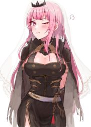 Rule 34 | 1girl, breasts, cleavage, hololive, hololive english, large breasts, long hair, looking at viewer, mori calliope, one eye closed, pink eyes, pink hair, solo, tamawo (mu gi2), tiara, tsundere, veil, virtual youtuber, white background