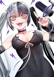 Rule 34 | 1girl, :d, bare shoulders, black dress, black hair, boom microphone, bow, breasts, choker, covered navel, detached sleeves, dress, hair ornament, highres, hololive, hololive english, jewelry, large breasts, lightning bolt symbol, looking at viewer, microphone, multicolored hair, open mouth, pointing, ring, shiori novella, shiori novella (1st costume), simple background, smile, split-color hair, striped sleeves, teeth, tight clothes, tongue, twintails, two-tone hair, upper teeth only, vandel six, virtual youtuber, white background, white bow, white hair, yellow eyes