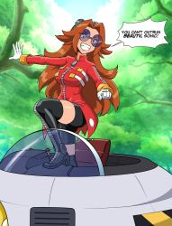 Rule 34 | 1girl, black thighhighs, blue-tinted eyewear, blue-tinted glasses, boots, breasts, brown hair, coat, coattails, dr. eggman, eggma&#039;am, english text, female focus, forest, genderswap, genderswap (mtf), glasses, gloves, goggles, goggles on head, grin, heels, highres, jacket, long hair, looking at viewer, nature, outdoors, pencils (artist), pointing, red coat, red eyes, red jacket, round eyewear, skirt, sky, smile, smirk, solo, sonic (series), speech bubble, standing, standing on object, sunglasses, tagme, teeth, thick thighs, thigh boots, thighhighs, thighs, tinted eyewear, tree, white gloves, zipper pull tab