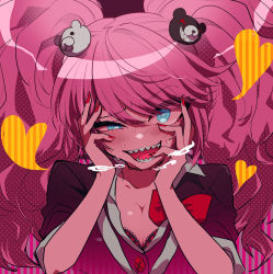 1girl artist_request bear_hair_ornament blue_eyes bow breasts cleavage collarbone commentary_request danganronpa:_trigger_happy_havoc danganronpa_(series) enoshima_junko female_focus hair_ornament heart heart-shaped_pupils highres long_hair looking_at_viewer medium_breasts nail_polish necktie nekonokanndume pink_hair pink_nails sharp_teeth skirt sleeves_rolled_up smile solo spoilers sweat symbol-shaped_pupils teeth twintails