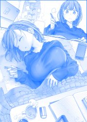 Rule 34 | 1girl, ai-chan (tawawa), blue theme, braid, breasts, cellphone, closed eyes, coat, comic, commentary request, duffel coat, eraser, getsuyoubi no tawawa, himura kiseki, indoors, instant loss, kotatsu, large breasts, long sleeves, lying, monochrome, on back, parted lips, phone, raincoat, ribbed sweater, shirt, short hair, silent comic, sitting, sleeping, smartphone, solo, steam, studying, sweater, table, tablet pc, taut clothes, taut shirt, twin braids, under table, v-shaped eyebrows