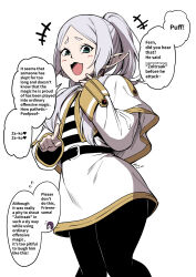 Rule 34 | 1girl, belt, black belt, blush, capelet, commentary request, earrings, elf, english text, f.w.zholic, fern (sousou no frieren), frieren, green eyes, grey hair, highres, jewelry, laughing, long hair, long sleeves, mesugaki, open mouth, out of character, pointy ears, simple background, sleeves past wrists, smile, solo, sousou no frieren, speech bubble, standing, twintails, white background, white capelet