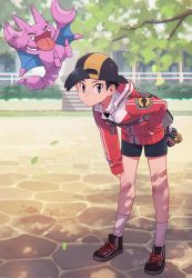 Rule 34 | 1boy, alternate costume, backwards hat, bad id, bad pixiv id, baseball cap, bent over, black footwear, black hair, black shorts, closed mouth, commentary request, creatures (company), day, ethan (pokemon), falling leaves, game freak, gen 2 pokemon, gligar, grey bag, grey eyes, hand in pocket, hat, jacket, leaf, long sleeves, looking at viewer, male focus, nintendo, outdoors, pokemon, pokemon (creature), pokemon hgss, shoes, short hair, shorts, sleeves past wrists, socks, standing, tree, white legwear, xichii, zipper, zipper pull tab