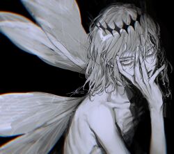 Rule 34 | 1boy, arthropod boy, au (d elete), black background, collarbone, completely nude, crown, diamond hairband, dragonfly wings, fate/grand order, fate (series), hair between eyes, hand on own face, highres, insect wings, male focus, medium hair, nude, oberon (fate), oberon (third ascension) (fate), signature, simple background, solo, upper body, wings
