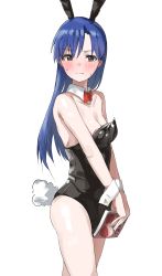 Rule 34 | 1girl, absurdres, animal ears, black leotard, blue hair, blush, book, bow, bowtie, breasts, dark blue hair, detached collar, embarrassed, full-face blush, highres, holding, holding book, idolmaster, idolmaster (classic), idolmaster million live!, kisaragi chihaya, leotard, looking at viewer, oversized clothes, pads, pdal (pdalhhh), playboy bunny, rabbit ears, rabbit tail, simple background, small breasts, solo, straight hair, sweatdrop, tail, white background, wrist cuffs