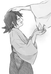 Rule 34 | 1boy, aged down, asymmetrical clothes, black hair, brother and sister, child, demon slayer uniform, facing another, from side, greyscale, hand on another&#039;s head, haori, happy, headpat, highres, japanese clothes, kimetsu no yaiba, long hair, long sleeves, monochrome, origami, out of frame, paper crane, profile, siblings, simple background, tomioka giyuu, tomioka tsutako, wide sleeves, yakiimochan kmt