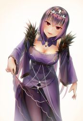 Rule 34 | 1girl, board game, breasts, cleavage, clothes lift, dress, dress lift, fate (series), fur trim, go (board game), hair between eyes, highres, large breasts, leaning forward, long hair, long sleeves, looking at viewer, pantyhose, purple dress, purple hair, purple pantyhose, red eyes, scathach (fate), scathach skadi (fate), shoron, smile, solo, tiara, very long hair, wide sleeves