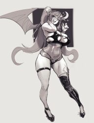 Rule 34 | 1girl, aeyga, blush, breasts, cleavage, cleavage cutout, clothing cutout, covered navel, high heels, highres, horns, large breasts, long hair, looking at viewer, monochrome, open mouth, original, pointy ears, single horn, single thighhigh, smile, solo, standing, teeth, thigh strap, thighhighs, twintails, upper teeth only, very long hair, wings