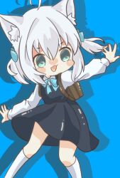 Rule 34 | 1girl, aged down, ahoge, animal ear fluff, animal ears, backpack, bag, black dress, blue background, commentary request, cosplay, dress, fox ears, fox girl, green eyes, hair between eyes, highres, hololive, long sleeves, looking at viewer, motimoti653, open mouth, outstretched arms, pinafore dress, shigure ui (vtuber), shigure ui (vtuber) (cosplay), shigure ui (young) (vtuber), shirakami fubuki, shirt, sidelocks, simple background, sleeveless, sleeveless dress, socks, solo, two side up, virtual youtuber, white hair, white shirt, white socks