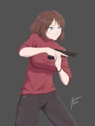 Rule 34 | 1girl, absurdres, blue eyes, brown hair, edzactly, gun, highres, holding, holding gun, holding weapon, short hair, sleeves rolled up, solo, sweater, trigger discipline, turtleneck, turtleneck sweater, weapon