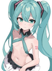 Rule 34 | 1girl, absurdres, adapted costume, aqua eyes, aqua hair, bare shoulders, blush, breasts, closed mouth, collar, collarbone, commentary, frilled skirt, frills, hair between eyes, hair ornament, hand on own hip, hatsune miku, highres, long hair, looking at viewer, maud0239, revealing clothes, simple background, skirt, small breasts, solo, sweatdrop, twintails, upper body, very long hair, vocaloid, white background