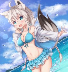 Rule 34 | 1girl, absurdres, ahoge, animal ear fluff, animal ears, armpits, bare shoulders, beach, bikini, bikini skirt, bikini top only, blue eyes, blush, braid, breasts, cleavage, clenched hand, cloud, cloudy sky, collarbone, day, fox ears, fox girl, fox tail, hair between eyes, hand on own chin, hand up, highres, hololive, hood, hood down, hoodie, huge filesize, island, long hair, long sleeves, looking away, medium breasts, namekuji ojiichan, official alternate costume, open clothes, open hoodie, open mouth, outstretched arm, shirakami fubuki, shirakami fubuki (hololive summer 2019), side braid, silver hair, sky, sleeves past wrists, solo, sunlight, swimsuit, tail, thighs, twin braids, virtual youtuber, water, wavy mouth