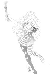 Rule 34 | 1girl, american flag legwear, clownpiece, dress, closed eyes, fire, full body, greyscale, hat, jester cap, long hair, looking at viewer, microdress, monochrome, neck ruff, no wings, pantyhose, polka dot, short sleeves, sketch, smile, solo, star (symbol), star print, striped, torch, touhou, tousen