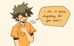 Rule 34 | 1boy, boku no hero academia, breath, closed eyes, clothes writing, comic, commentary, commission, english commentary, english text, fenkko, freckles, green hair, hand on own chest, male focus, midoriya izuku, open mouth, orange shirt, shirt, short hair, simple background, solo, speech bubble, t-shirt, white background