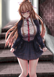 Rule 34 | 1girl, azur lane, bad id, bad pixiv id, bespectacled, blazer, blush, braid, breasts, brown hair, chin gero, commentary request, glasses, highres, jacket, large breasts, long hair, necktie, pleated skirt, ponytail, red eyes, school uniform, skirt, solo, swiftsure (azur lane), swiftsure (study hall cyclamen) (azur lane)
