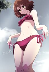 Rule 34 | 1girl, adjusting clothes, adjusting swimsuit, bikini, blush, brown hair, closed mouth, dated, from below, frown, green eyes, hibike! euphonium, highres, knees, nii manabu, oumae kumiko, short hair, solo, swimsuit, thighs