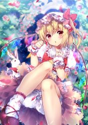 Rule 34 | 1girl, blonde hair, bloomers, rabbit, dress, flandre scarlet, flower, hat, hat ribbon, looking at viewer, mob cap, open mouth, petals, puffy short sleeves, puffy sleeves, red dress, red eyes, ribbon, riichu, sash, shirt, short sleeves, side ponytail, solo, sparkle, touhou, underwear, upskirt, wings, wrist cuffs