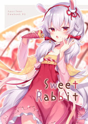Rule 34 | 1girl, amane kurumi, animal ears, azur lane, bell, blurry, blurry background, bow, chinese clothes, commentary request, copyright name, cover, cover page, crepe, depth of field, dress, food, food on face, frilled dress, frills, grey background, hair bell, hair between eyes, hair bow, hair ornament, hairband, hanfu, highres, holding, holding food, jingle bell, laffey (azur lane), laffey (white rabbit welcomes the spring) (azur lane), long hair, long sleeves, looking at viewer, low twintails, open mouth, rabbit ears, red bow, red dress, red eyes, red hairband, silver hair, solo, twintails, two-tone background, very long hair, white background