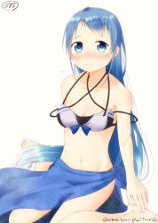 Rule 34 | 1girl, bare arms, bare shoulders, barefoot, bikini, bikini top only, blue bow, blue eyes, blue hair, blush, bow, breasts, collarbone, cosplay, criss-cross halter, flying sweatdrops, gradient hair, groin, halterneck, highres, kantai collection, leaf print, long hair, looking at viewer, loose bikini, mae (maesanpicture), motion lines, multicolored hair, navel, nose blush, numbered, raised eyebrows, samidare (kancolle), sarong, simple background, sitting, small breasts, solo, sweatdrop, swept bangs, swimsuit, twitter username, umikaze (kancolle), umikaze (kancolle) (cosplay), very long hair, wariza, wavy mouth, white background