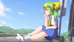 Rule 34 | 1girl, ascot, blue skirt, blue sky, blue vest, blush, bow, cigarette, closed eyes, closed mouth, cloud, collared shirt, commentary request, contrail, cookie (touhou), daiyousei, day, diyusi (cookie), flat chest, full body, grass, green hair, hair bow, head rest, high-visibility vest, highres, kurotsuki hiiragi, long hair, outdoors, ponytail, road sign, shirt, shoes, short sleeves, sign, sitting, skirt, sky, smoking, sneakers, socks, solo, touhou, vest, white footwear, white shirt, white socks, yellow ascot, yellow bow