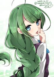 Rule 34 | 10s, 1girl, 2014, ahoge, blue eyes, braid, braided ponytail, completion time, dated, finger to mouth, from behind, green hair, highres, kantai collection, licking, licking finger, long hair, looking at viewer, looking back, mole, mole under mouth, pinky to mouth, school uniform, signature, single braid, solo, takeshima eku, twitter username, very long hair, yuugumo (kancolle)