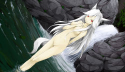 Rule 34 | 1girl, animal ears, arm behind back, bad id, bad pixiv id, breasts, dutch angle, fang, fox ears, fox tail, hand on own chest, highres, long hair, looking at viewer, nature, navel, no nipples, no pussy, nude, original, red eyes, revision, rock, solo, solru, tail, very long hair, wading, water, waterfall, white hair