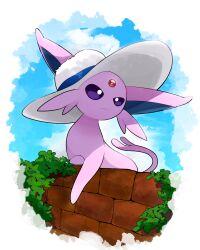 absurdres brick_wall bright_pupils closed_mouth commentary_request creatures_(company) espeon forehead_jewel forked_tail game_freak gen_2_pokemon hat highres nintendo no_humans pokemon pokemon_(creature) purple_eyes smile summer tail white_hat white_pupils yuyunoya