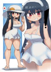 ! 1girl black_hair blush breasts cleavage collarbone dress earrings flower grin hairband hat hat_flower heart jewelry large_breasts long_hair looking_at_viewer multiple_views open_mouth red_eyes sandals sleeveless sleeveless_dress smile sparkle speech_bubble spoken_heart spy_x_family standing sun_hat teeth thick_thighs thighs tony_welt waving white_background white_dress white_footwear white_hat wide_hips yor_briar