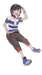 Rule 34 | 1boy, :d, absurdres, baseball cap, black hair, black hat, blue footwear, brown pants, capri pants, closed eyes, commentary request, creatures (company), elio (pokemon), full body, game freak, hand in pocket, hand on headwear, hat, highres, male focus, medium hair, nintendo, odd (hin yari), open mouth, pants, pokemon, pokemon sm, shirt, shoes, short sleeves, simple background, smile, solo, striped clothes, striped shirt, t-shirt, teeth, tongue, white background, z-ring, |d