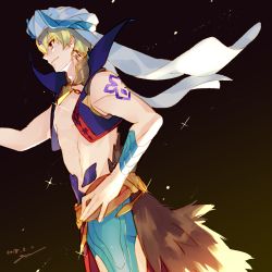 Rule 34 | 1boy, abs, arabian clothes, bare shoulders, blonde hair, earrings, fate/grand order, fate (series), gilgamesh, gilgamesh (caster) (fate), gilgamesh (fate), goya (xalbino), gradient background, hair between eyes, hand on own hip, hand up, hat, jewelry, light particles, looking to the side, male focus, pectorals, red eyes, revealing clothes, scarf, shoulder tattoo, signature, sleeveless, smile, solo, tattoo, turban