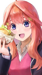 Rule 34 | 1girl, :d, ahoge, black jacket, blazer, blue eyes, blush, burger, commentary request, food, go-toubun no hanayome, hair between eyes, hair ornament, highres, holding, holding food, ishiyuki, jacket, long hair, looking at viewer, nakano itsuki, open mouth, red hair, red sweater, revision, school uniform, shirt, smile, solo, star (symbol), star hair ornament, sweater, upper body, white shirt