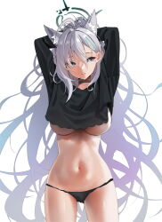 Rule 34 | 1girl, agnamore, ahoge, animal ear fluff, animal ears, areola slip, arms behind head, arms up, black choker, black panties, black shirt, blue archive, blue eyes, breasts, choker, cowboy shot, crop top, crop top overhang, cross hair ornament, extra ears, grey hair, hair between eyes, hair ornament, halo, large breasts, long hair, long sleeves, looking at viewer, mismatched pupils, navel, no pants, panties, parted lips, shiroko (blue archive), shiroko terror (blue archive), shirt, sidelocks, simple background, solo, stomach, string panties, thighs, underboob, underwear, very long hair, white background, wolf ears