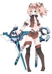 Rule 34 | 1girl, boots, breasts, cleavage, gloves, highres, kotatu (akaki01aoki00), midriff, original, pink hair, simple background, solo, thigh boots, thighhighs, two side up, weapon, white background